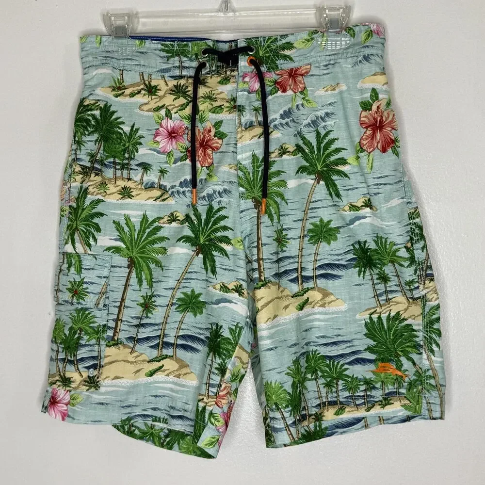 Tommy Bahama Swim Trunks Mens Small Blue Tropical Island Floral Lined Beach